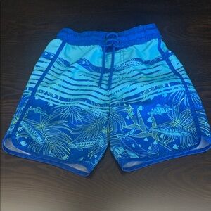 Boys Blue Tropical Print Swim Trunks with Drawstring